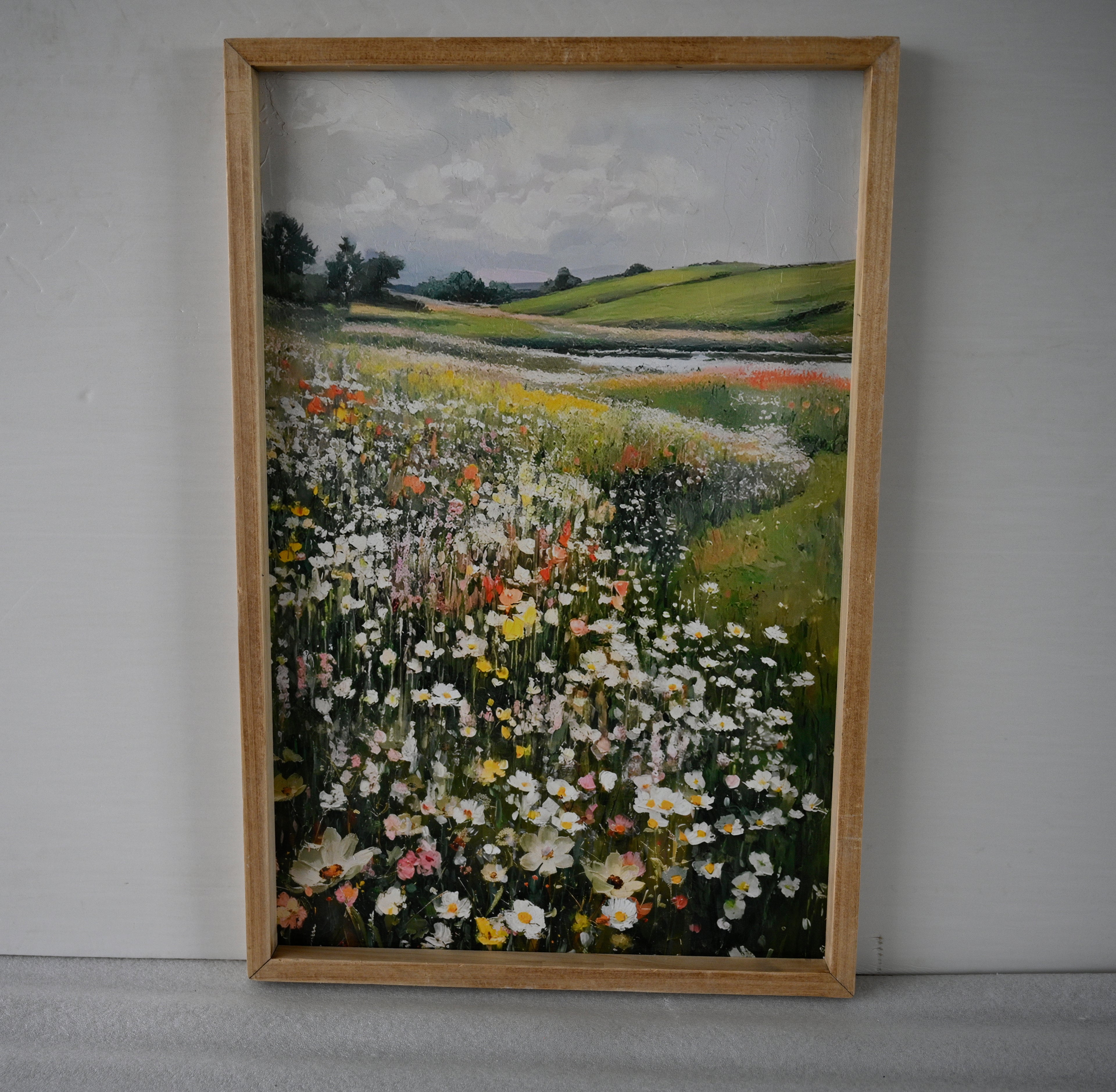 Framed Wildflower Meadow Canvas Wall Art | Vintage Landscape Painting | Farmhouse Bedroom and Living Room Decor