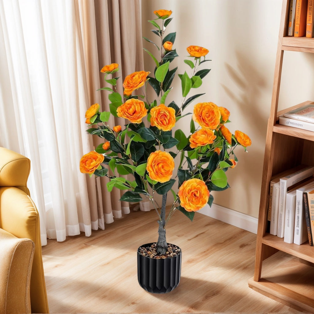 Artificial Camellia Tree Set of 2 | Faux Orange Flower Potted Plants | Porch, Patio and Entryway Decor