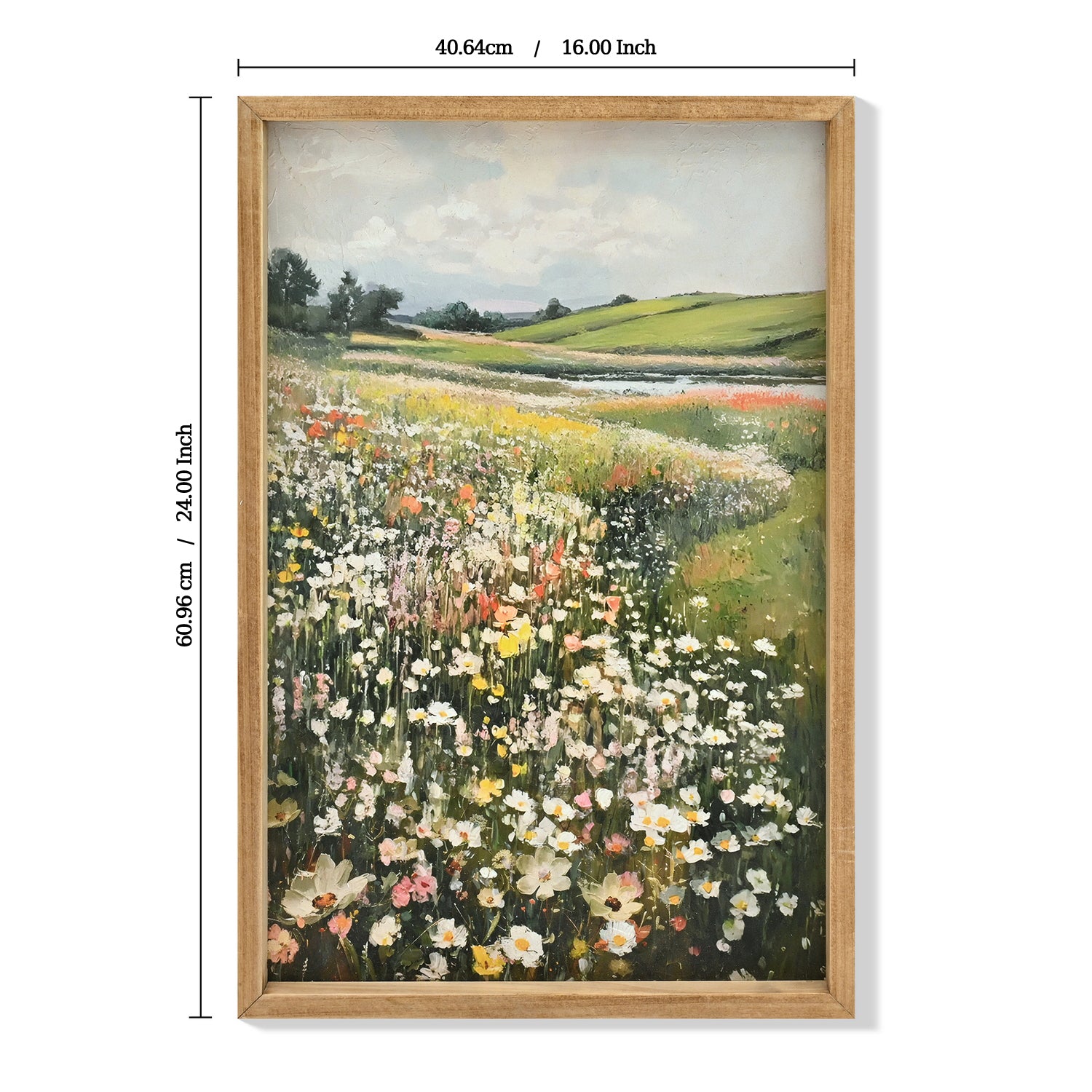 Framed Wildflower Meadow Canvas Wall Art | Vintage Landscape Painting | Farmhouse Bedroom and Living Room Decor