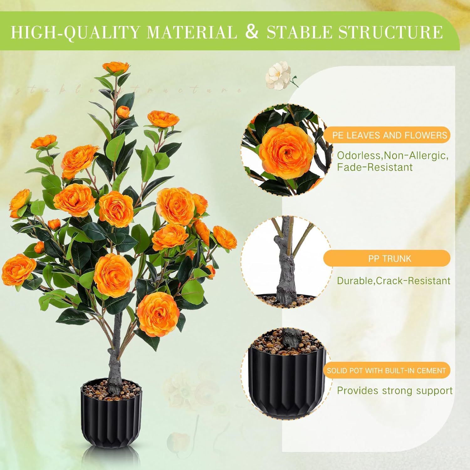 Artificial Camellia Tree Set of 2 | Faux Orange Flower Potted Plants | Porch, Patio and Entryway Decor