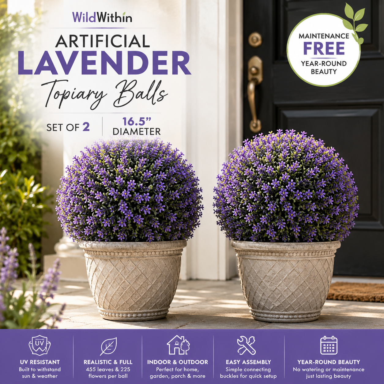 WildWithin Artificial Lavender Topiary Balls Set of 2, 16.5" Faux Lavender Plants, UV Resistant Outdoor Topiary Balls, Decorative Garden Porch Patio Wedding Decor