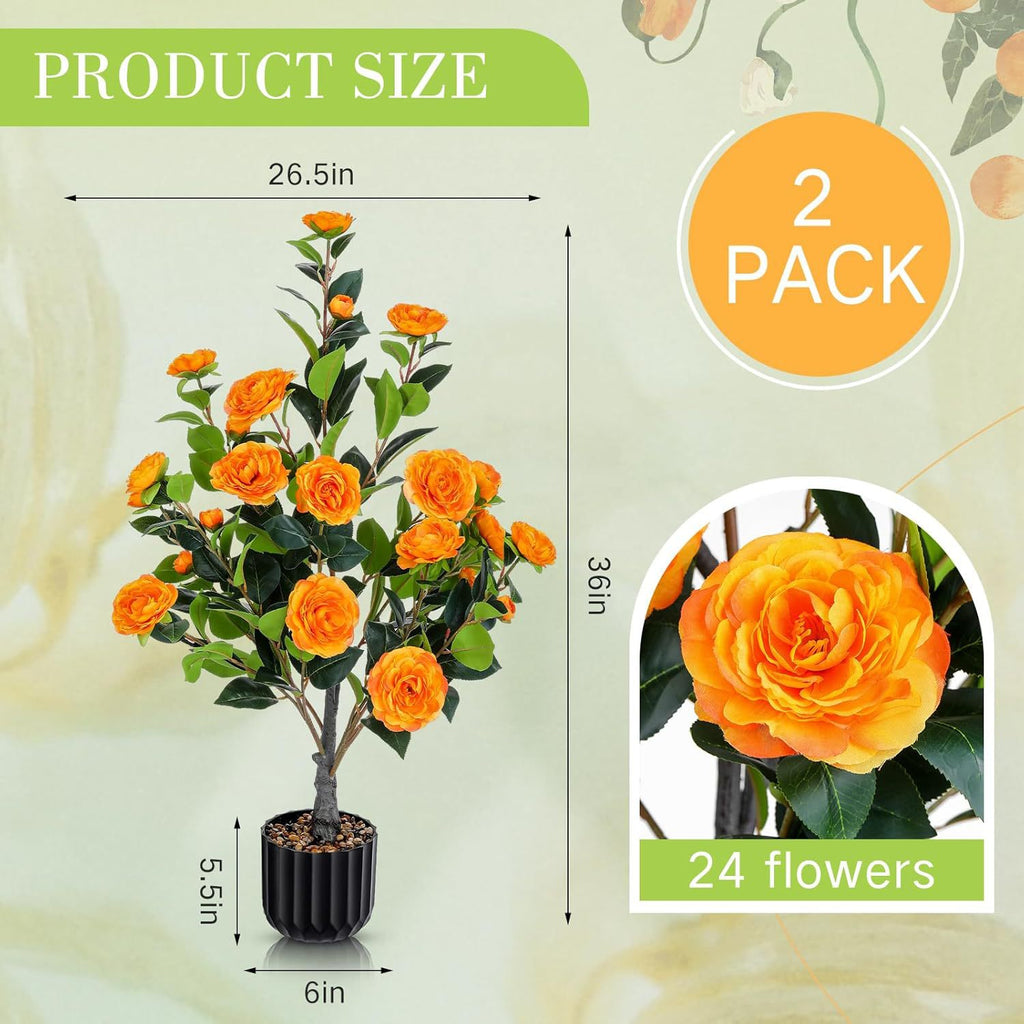 Artificial Camellia Tree Set of 2 | Faux Orange Flower Potted Plants | Porch, Patio and Entryway Decor