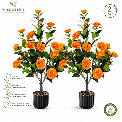 Artificial Camellia Tree Set of 2 | Faux Orange Flower Potted Plants | Porch, Patio and Entryway Decor