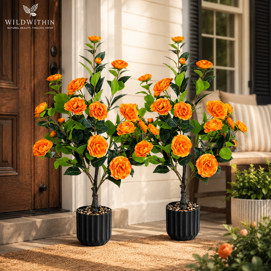 Artificial Camellia Tree Set of 2 | Faux Orange Flower Potted Plants | Porch, Patio and Entryway Decor