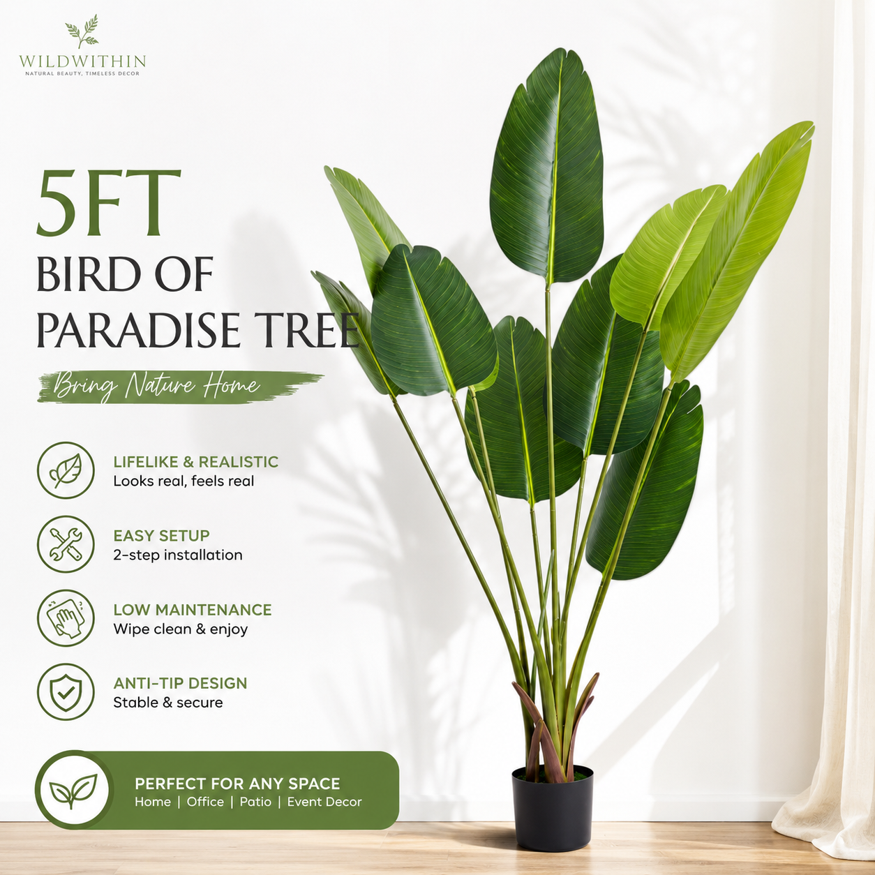 5FT Artificial Bird of Paradise Tree | Faux Tropical Indoor Plant with Adjustable Branches | Home and Office Decor