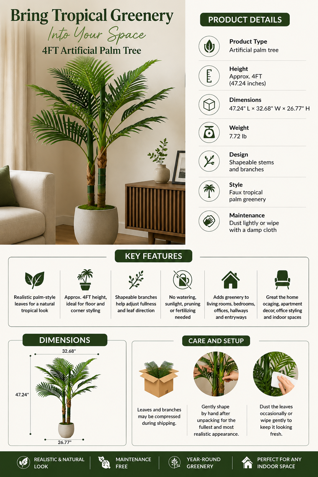 4FT Artificial Palm Tree | Faux Tropical Floor Plant with Shapeable Branches | Living Room and Bedroom Decor