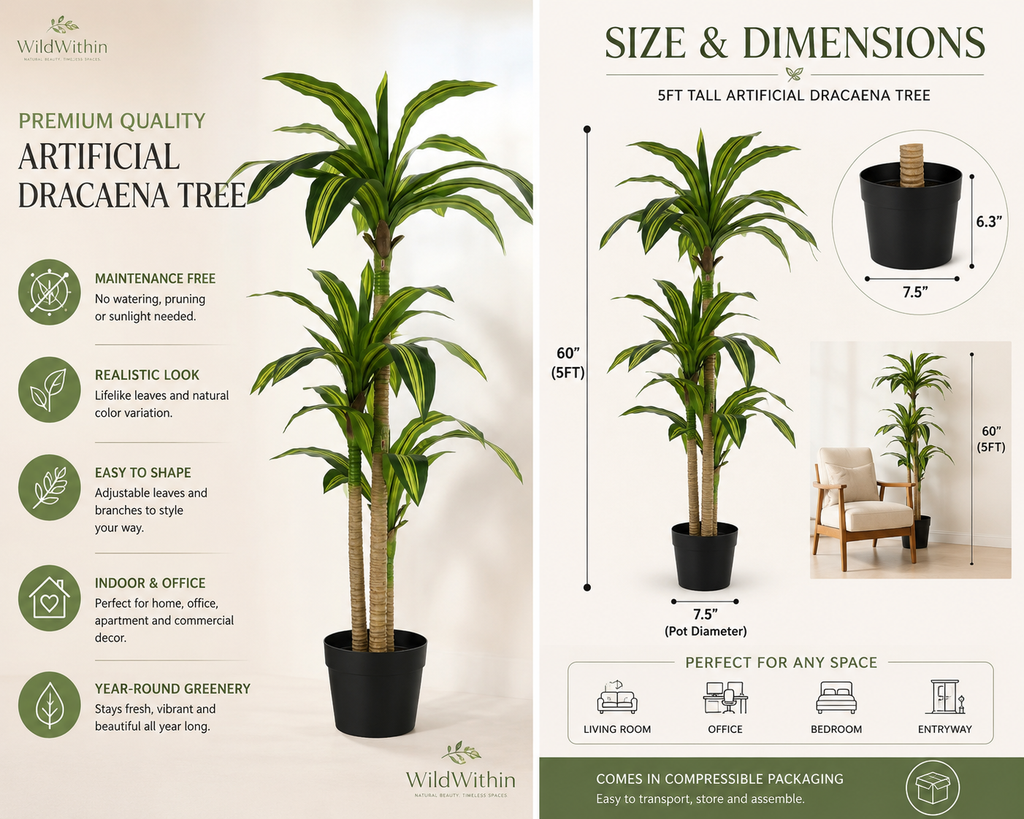 WildWithin | 5FT Artificial Dracaena Tree | Faux Tropical Floor Plant for Living Room, Office and Modern Home Decor