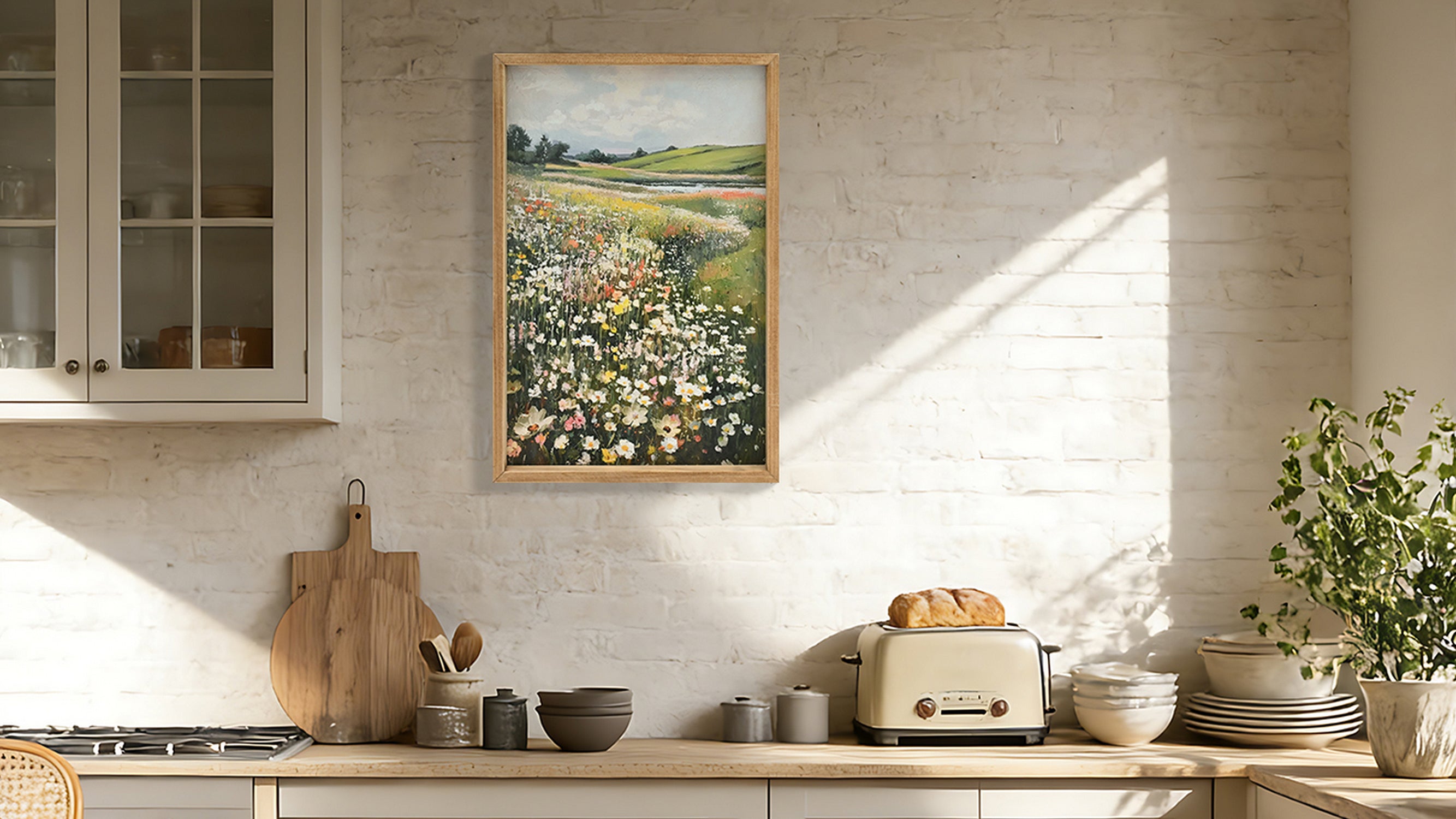 Framed Wildflower Meadow Canvas Wall Art | Vintage Landscape Painting | Farmhouse Bedroom and Living Room Decor