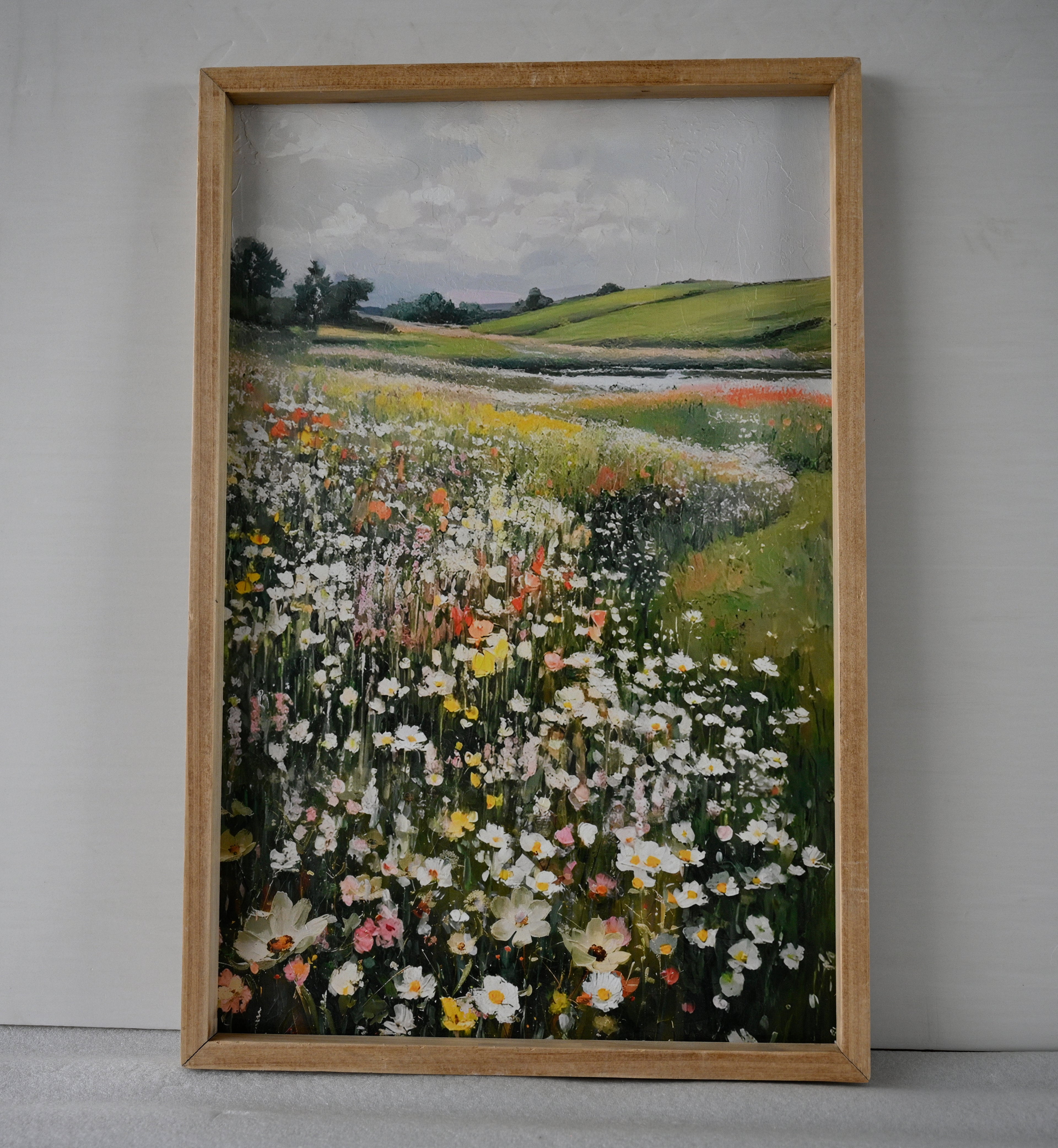 Framed Wildflower Meadow Canvas Wall Art | Vintage Landscape Painting | Farmhouse Bedroom and Living Room Decor
