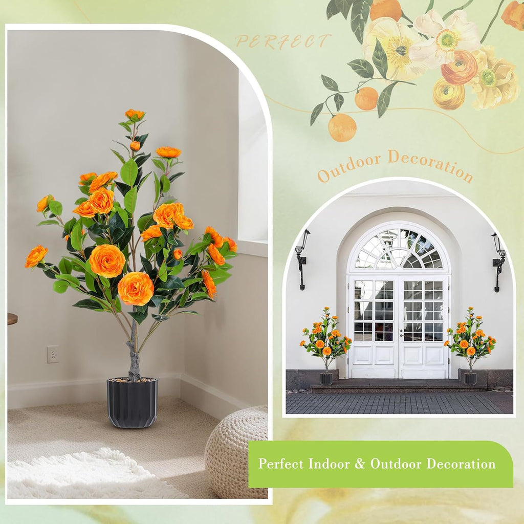 Artificial Camellia Tree Set of 2 | Faux Orange Flower Potted Plants | Porch, Patio and Entryway Decor